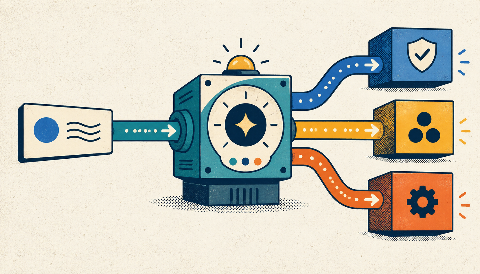 Retro-style illustration of a teal decision engine routing an incoming message into three paths for security, categorization, and automation.