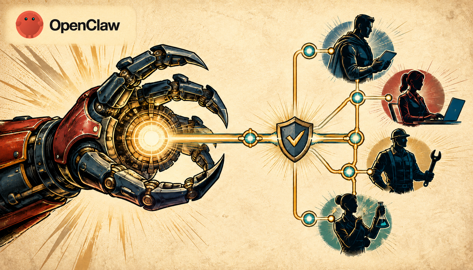 Official OpenClaw logo above a retro comic robotic claw sending a glowing task through an approval shield to four specialized workers.