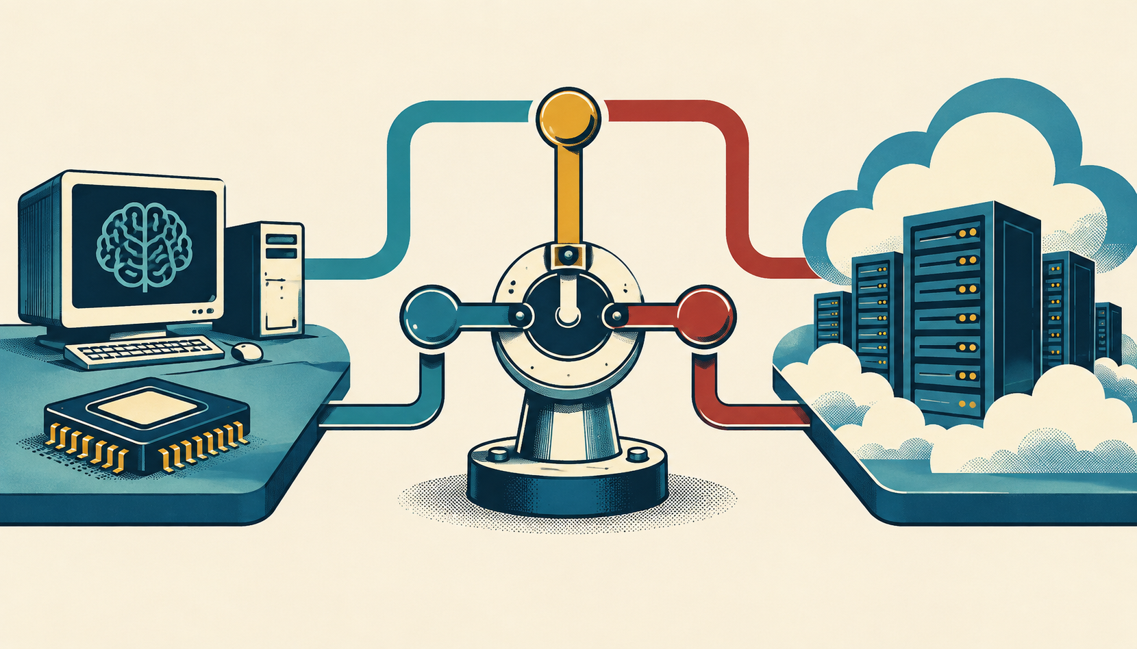 Retro comic illustration of a central routing switch connecting an on-device AI workstation and chip to cloud servers.