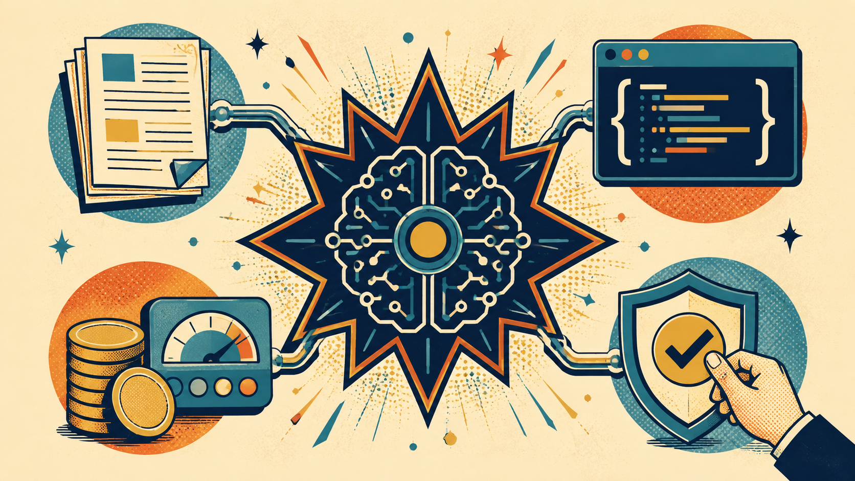 Retro comic-style AI brain hub linked to document pages, a code panel, token-cost controls, and a shield with a human approval check.