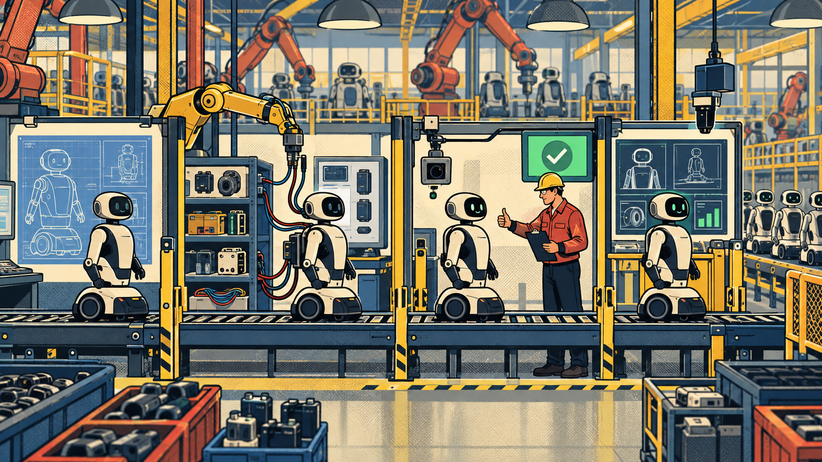 Retro comic illustration of service robots moving through four inspection stations on a factory assembly line, with robotic arms and a human supervisor approving production.