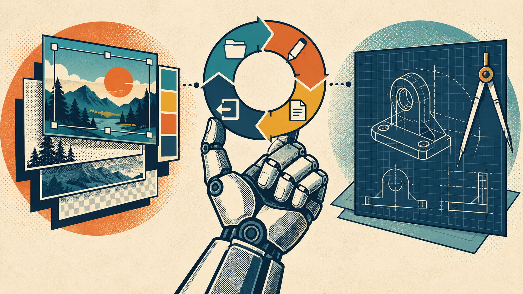 Retro comic-style illustration of a robotic hand holding a circular verification loop between layered image-editing panels and a CAD blueprint.
