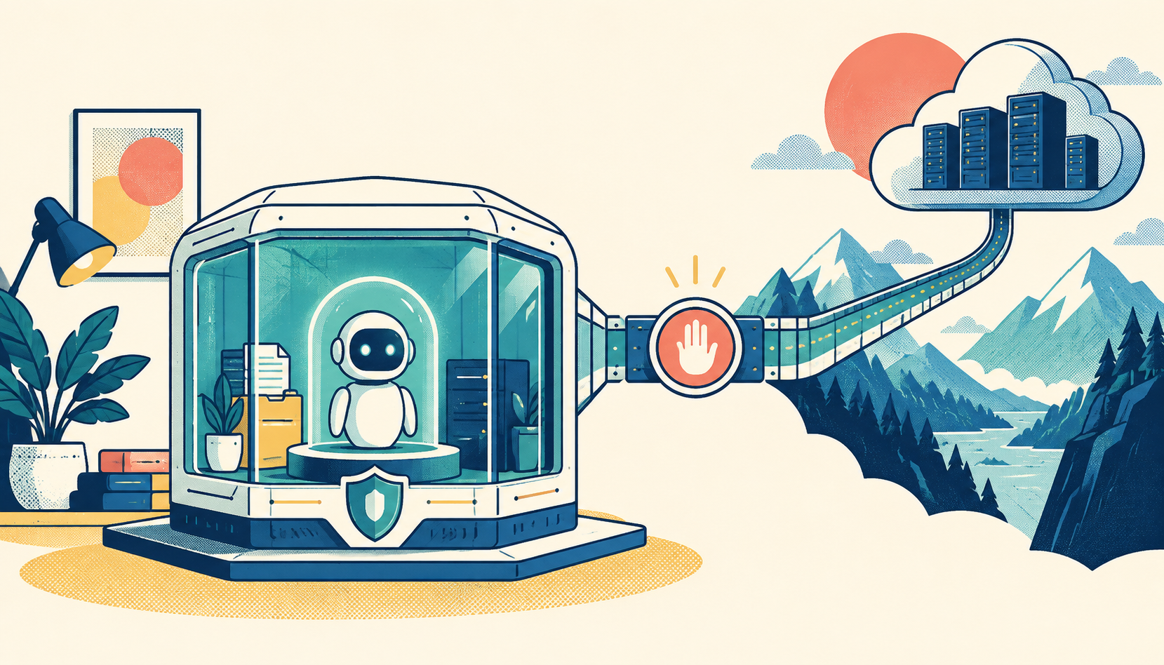 Illustration of a protected local AI workspace with a small agent inside, an approval gate, and a selective path to cloud servers.